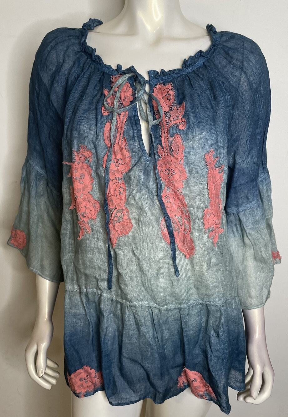Sundance Blue Ombre Boho Blouse Top L Pink Lace Applique Bell Sleeves Cotton
